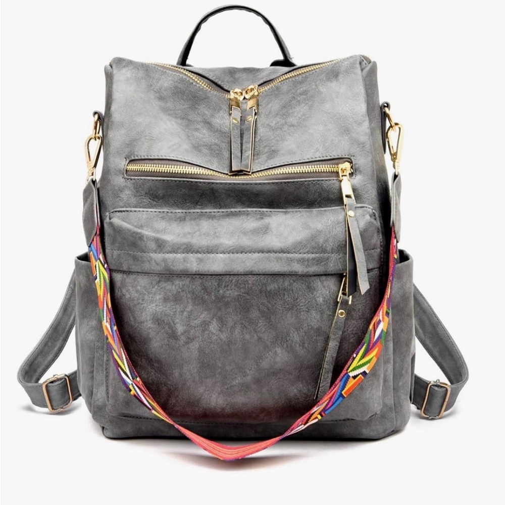Gray Leather Backpack with Colorful Strap